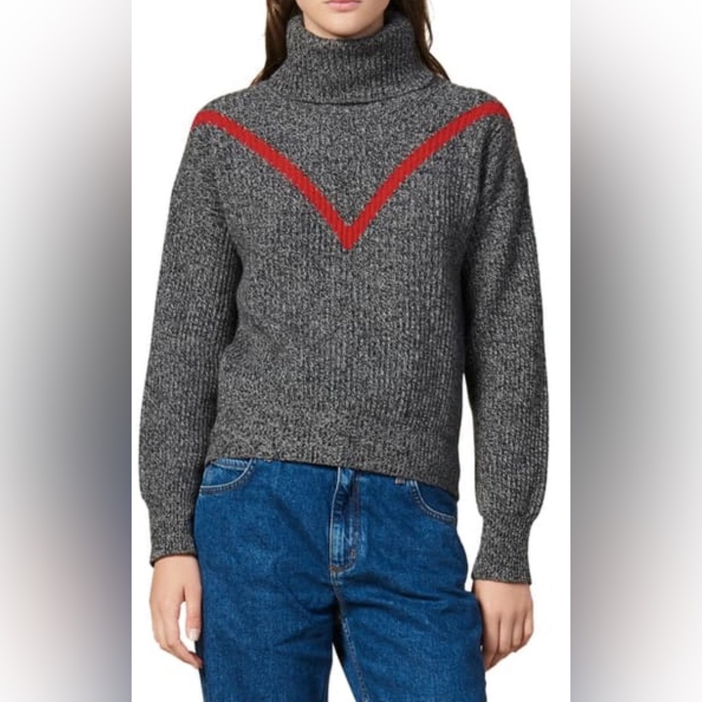 Sandro S/M Sweater Wool Blend Varsity Chevron Stripe Contrast Detail